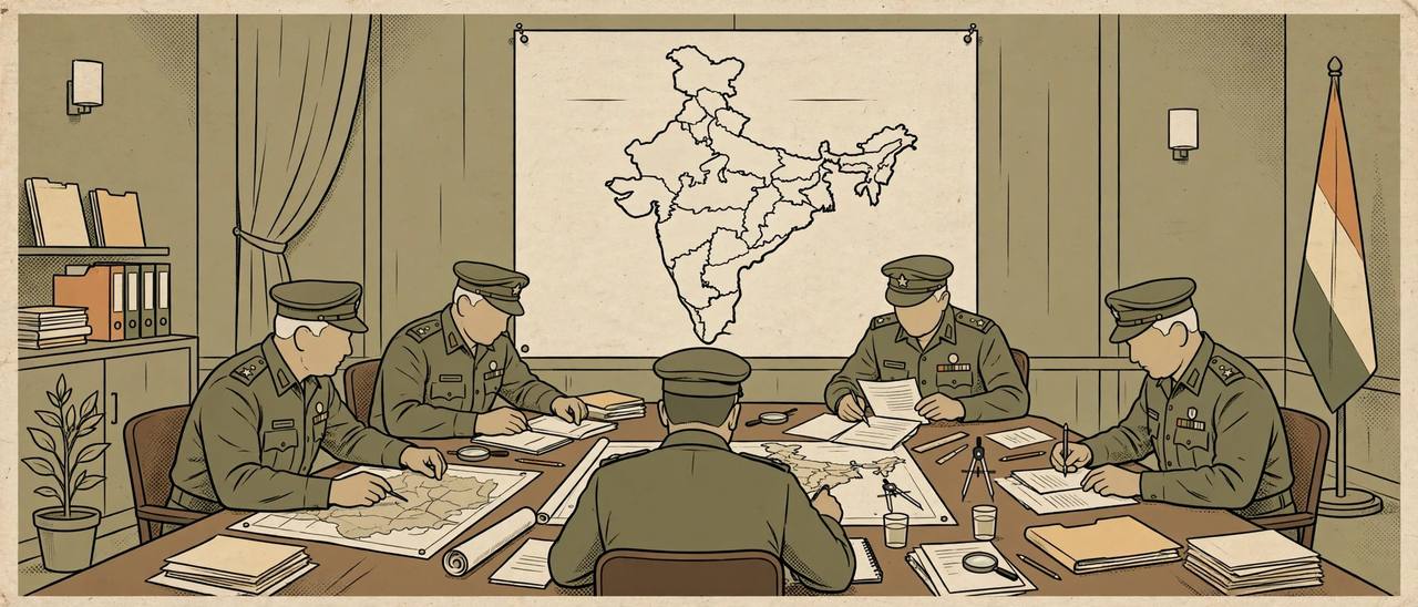 Editorial illustration of generic senior army officers at a conference table reviewing maps, with an outline map of India on the wall
