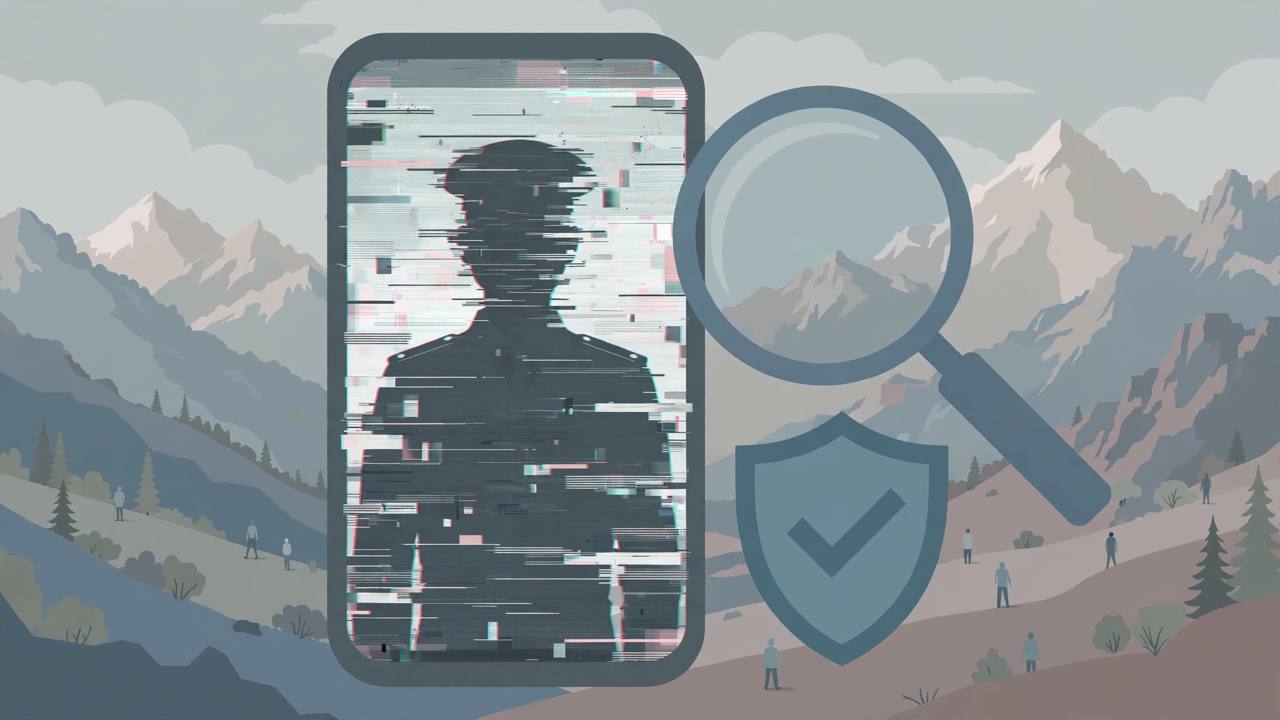 Editorial illustration of a smartphone showing a glitching distorted video with a fact-check shield, mountains in the background