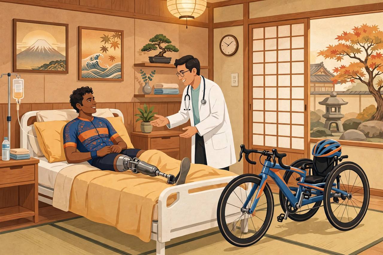 Editorial illustration of a generic para-cyclist with a prosthetic leg resting in a Japanese hospital room, talking with a doctor, his racing bike nearby