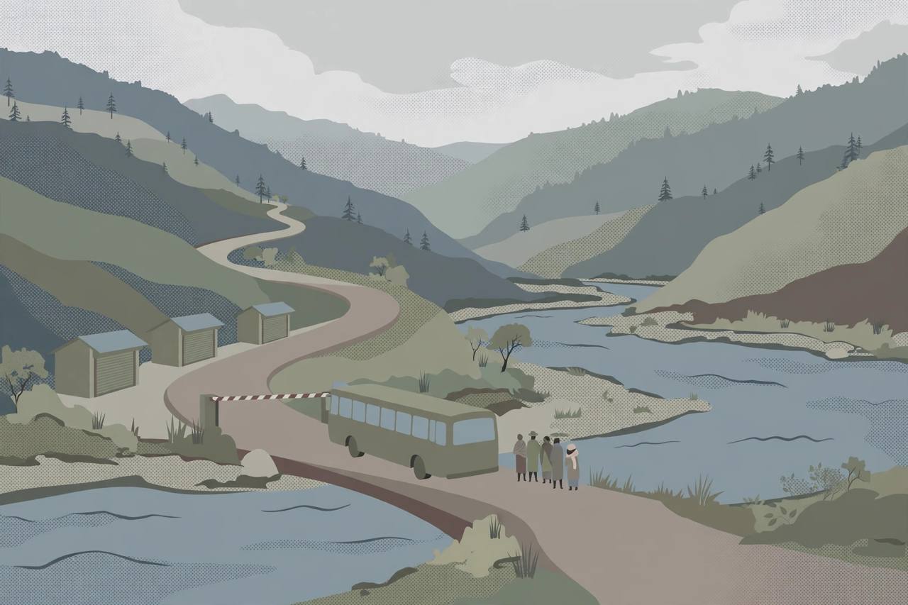 Editorial illustration of a closed checkpost barrier on a mountain road beside the Siang River in Arunachal Pradesh, with shuttered shops and a turned-back bus, flat style, generic figures, no text
