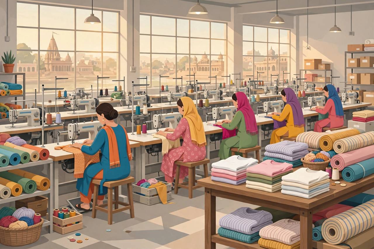 Editorial illustration of a modern garment factory with generic women workers at automated sewing machines stitching knitwear