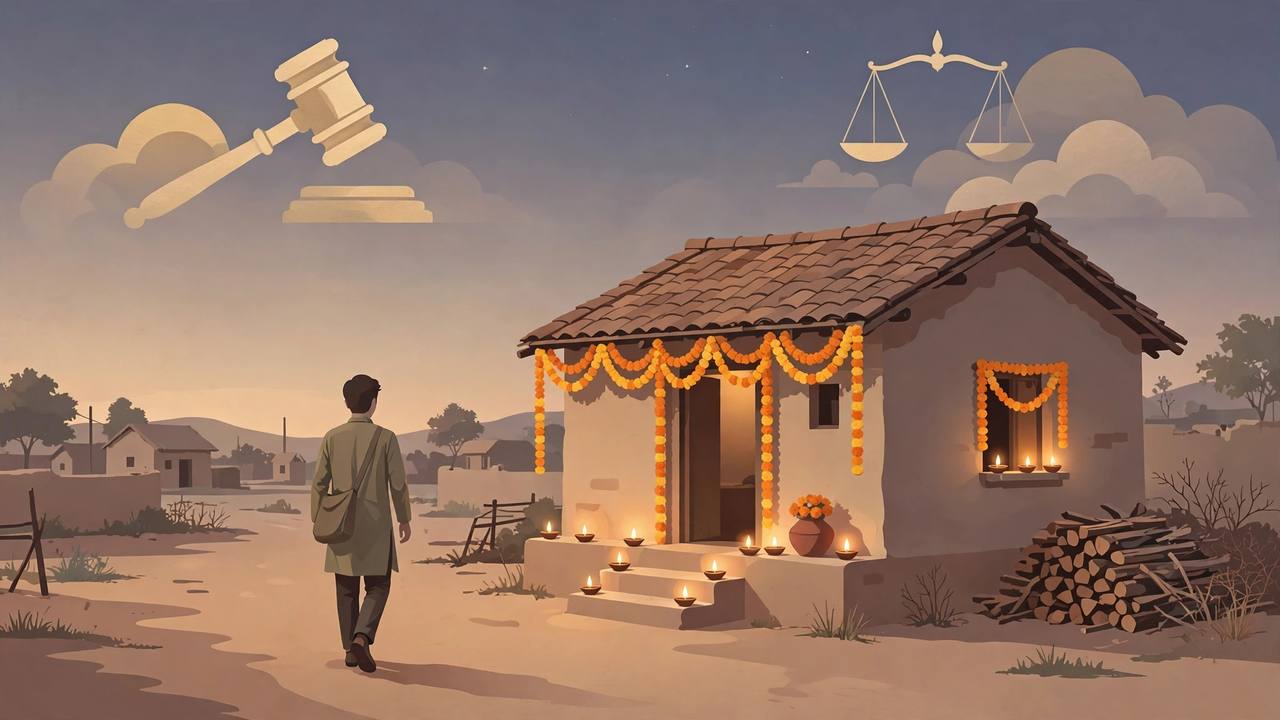 Editorial illustration of a generic man walking toward a village home decorated with Diwali diyas, with a courthouse motif in the background