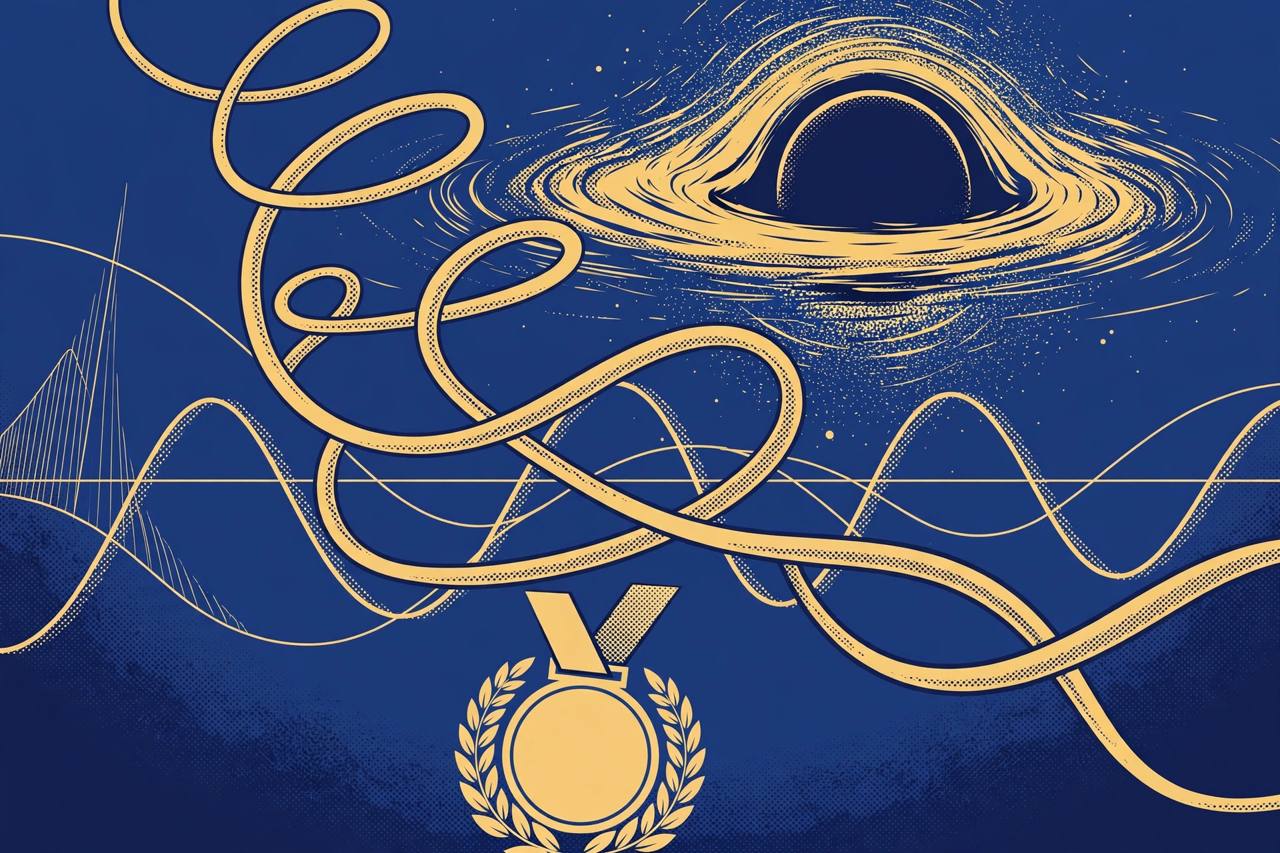 Editorial illustration of string-theory loops, a black hole and a gold medal, representing physicist Ashoke Sen's Oskar Klein Medal