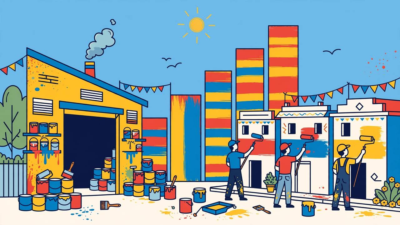 Editorial illustration of a paint factory and freshly painted houses in bright colours in India