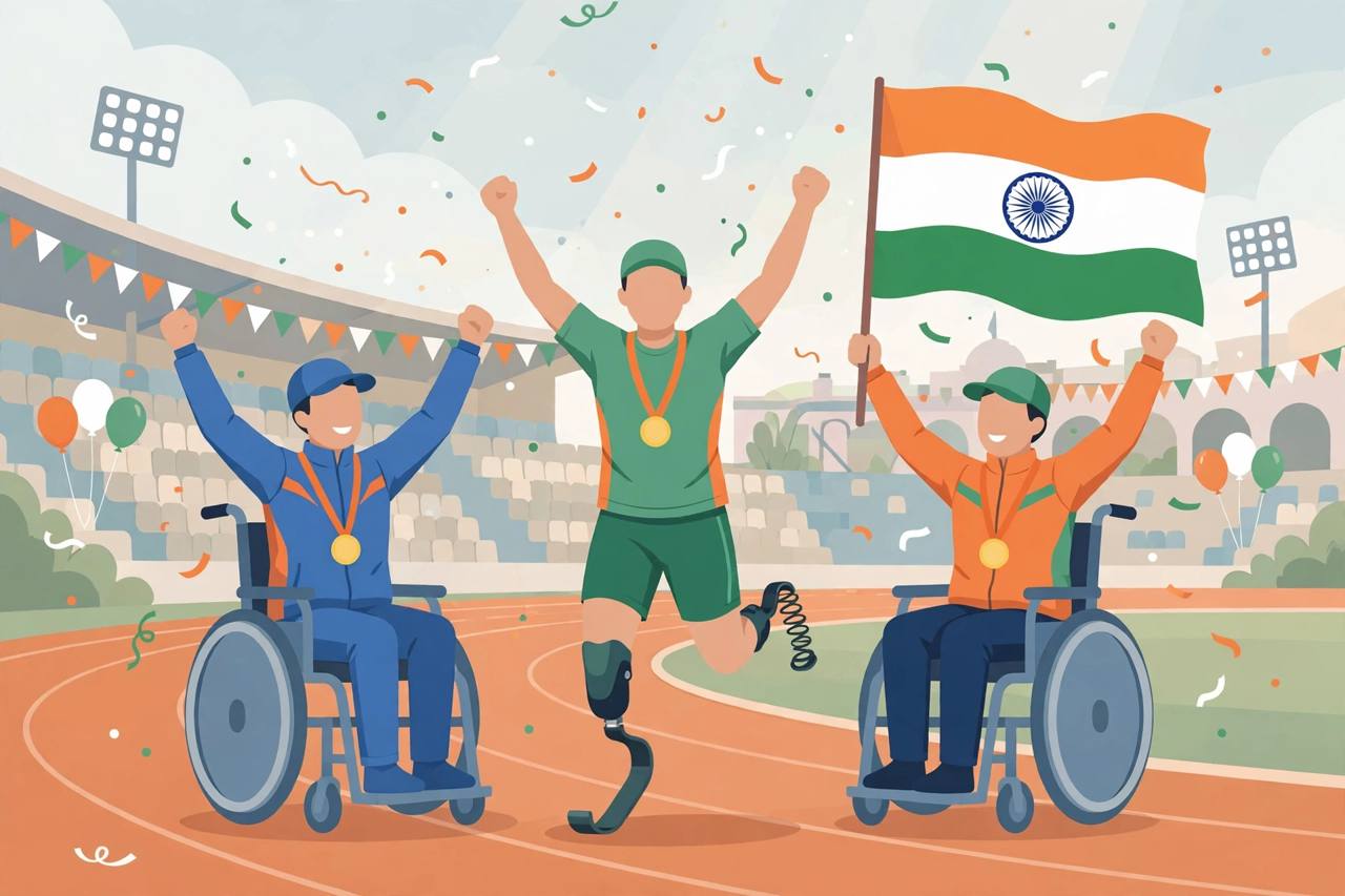 Editorial illustration of generic para-athletes celebrating with medals and an Indian flag in a stadium