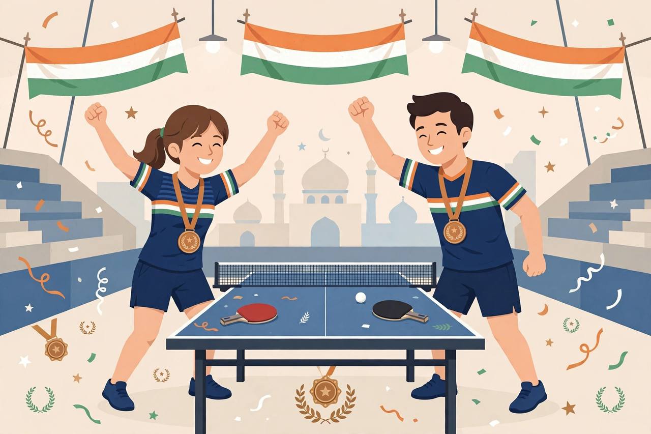 Editorial illustration of a generic table tennis mixed doubles pair celebrating with bronze medals beside a table tennis table; no real person depicted