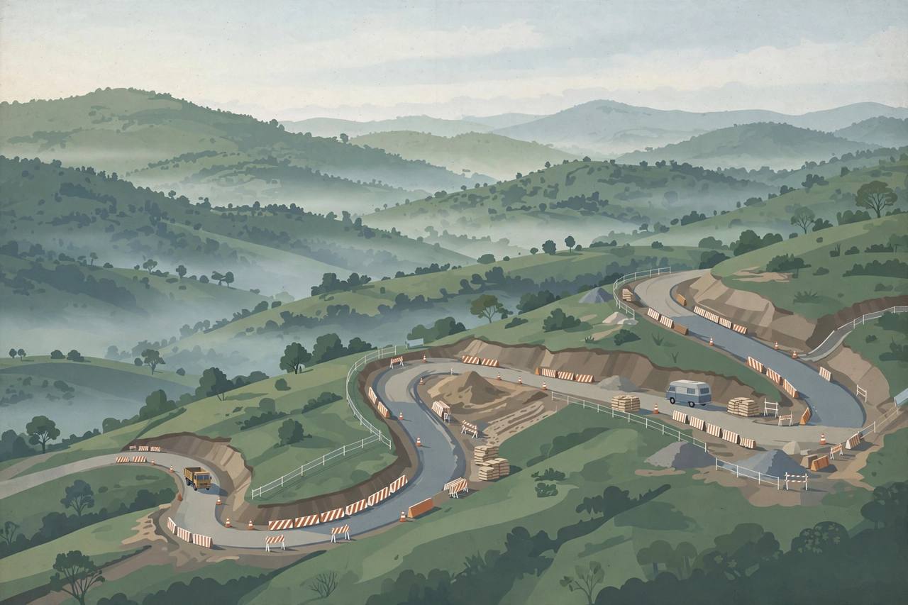 Editorial illustration of a quiet hill road construction site in Andhra Pradesh with a camper vehicle and tipper lorry at a distance; no person or accident depicted