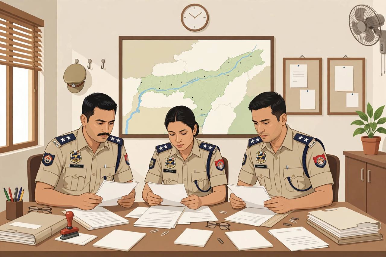 Editorial illustration of generic police officers reviewing case files and registers on a desk inside an Assam police station, with a map of Assam on the wall behind them, no children depicted