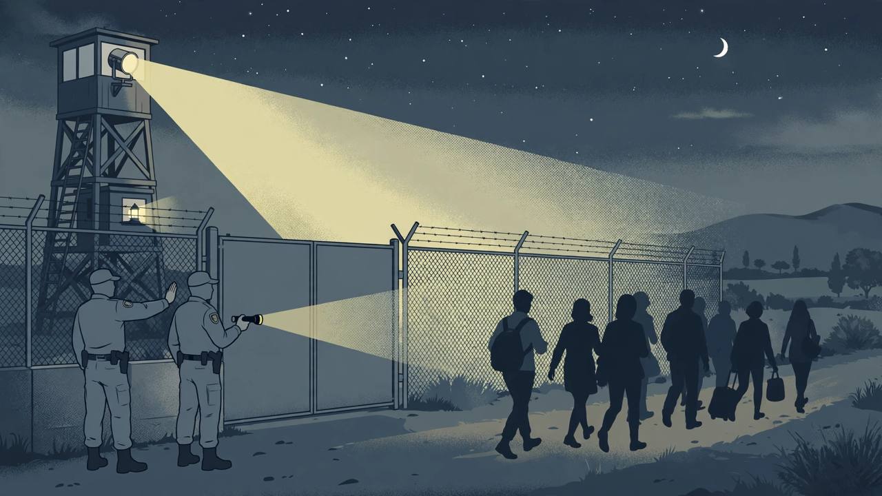 Editorial illustration of border security personnel at a fenced international border checkpoint at night turning back generic silhouetted figures, with searchlights and a watchtower