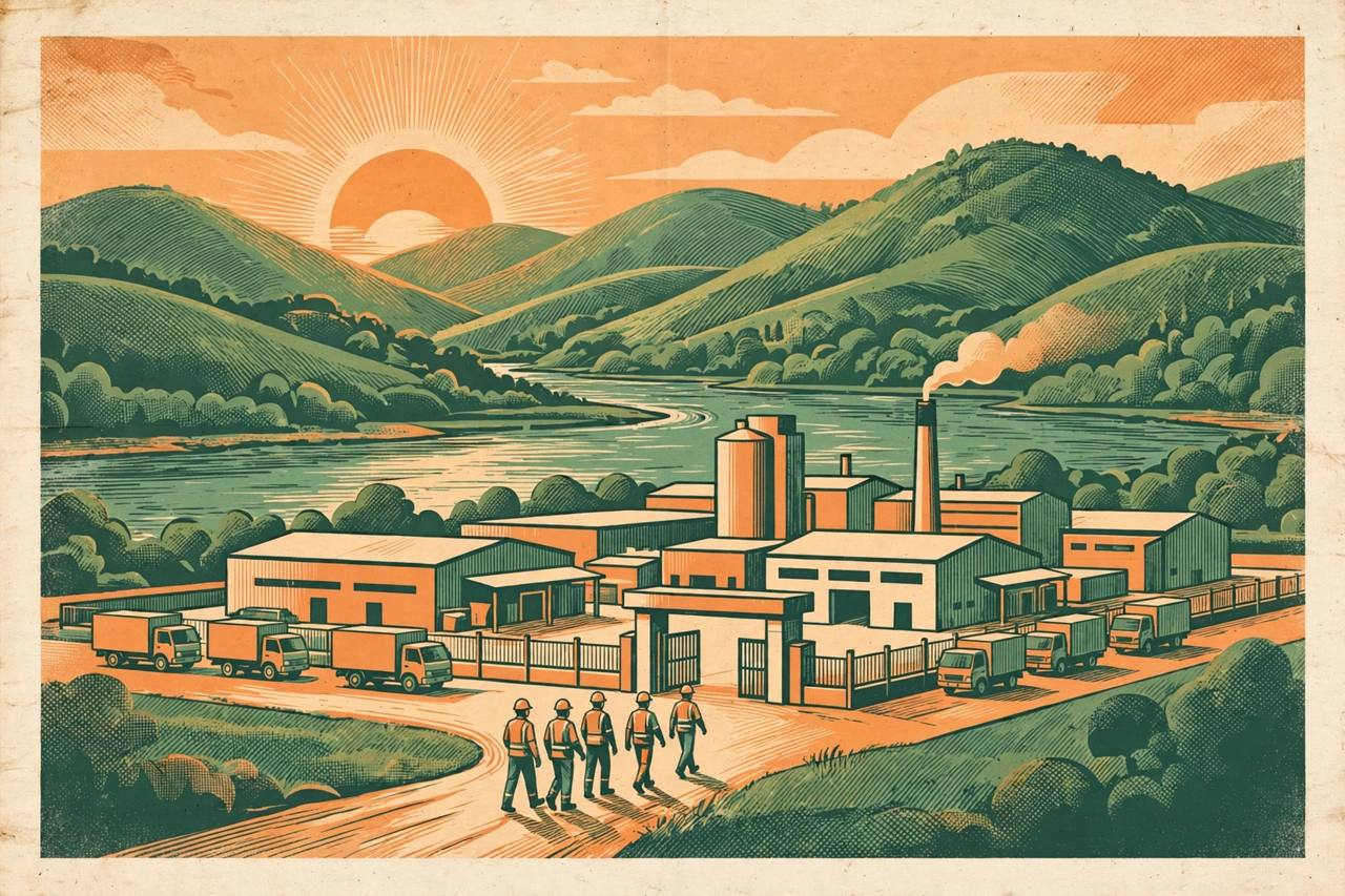 Editorial illustration of a new manufacturing factory in Assam's Brahmaputra valley with green hills and a river behind it and generic workers in helmets at the gate; no real person depicted