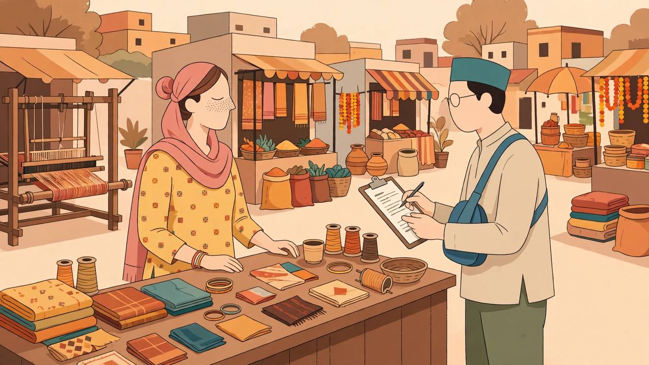 Editorial illustration of a survey worker with a clipboard speaking to a woman entrepreneur at a market stall with a handloom nearby