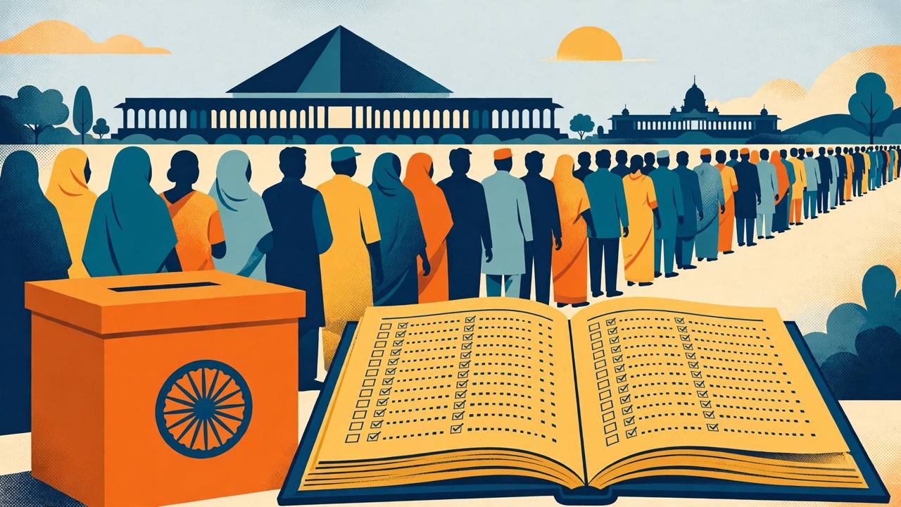 Editorial illustration of voters queuing peacefully beside a ballot box and an open electoral roll register with Parliament in the distance, flat style, no text, no real people