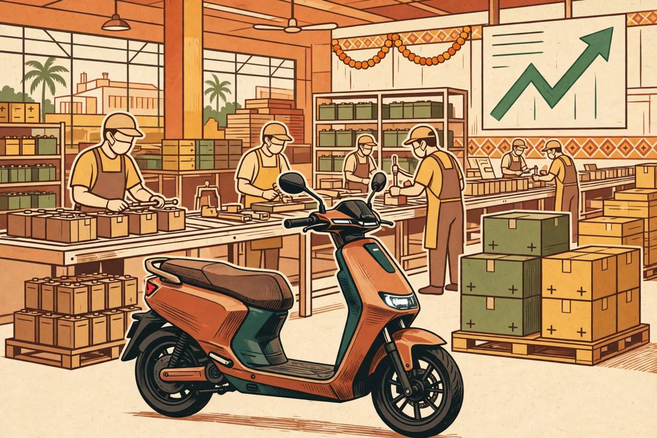 Editorial illustration of an electric scooter factory in India with a modern electric scooter, generic assembly workers, battery packs and a rising chart