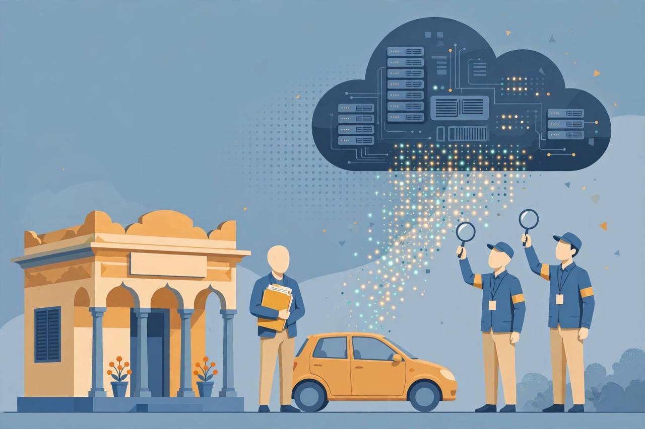 Editorial illustration of a small bank branch and a car-loan customer with a file, under a dark cloud server leaking glowing data dots while investigators hold magnifying glasses