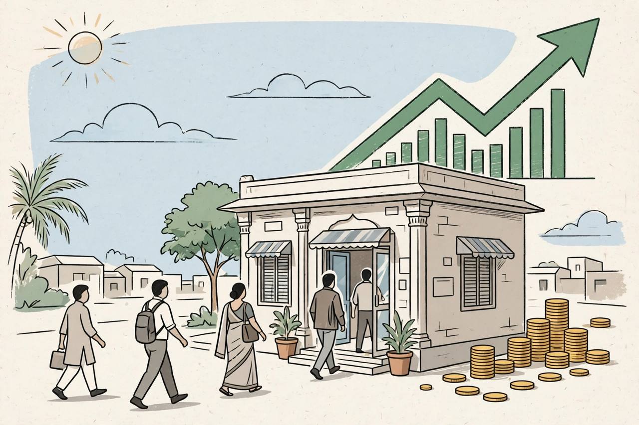Editorial illustration of a generic small bank branch with a rising growth chart; no real person depicted