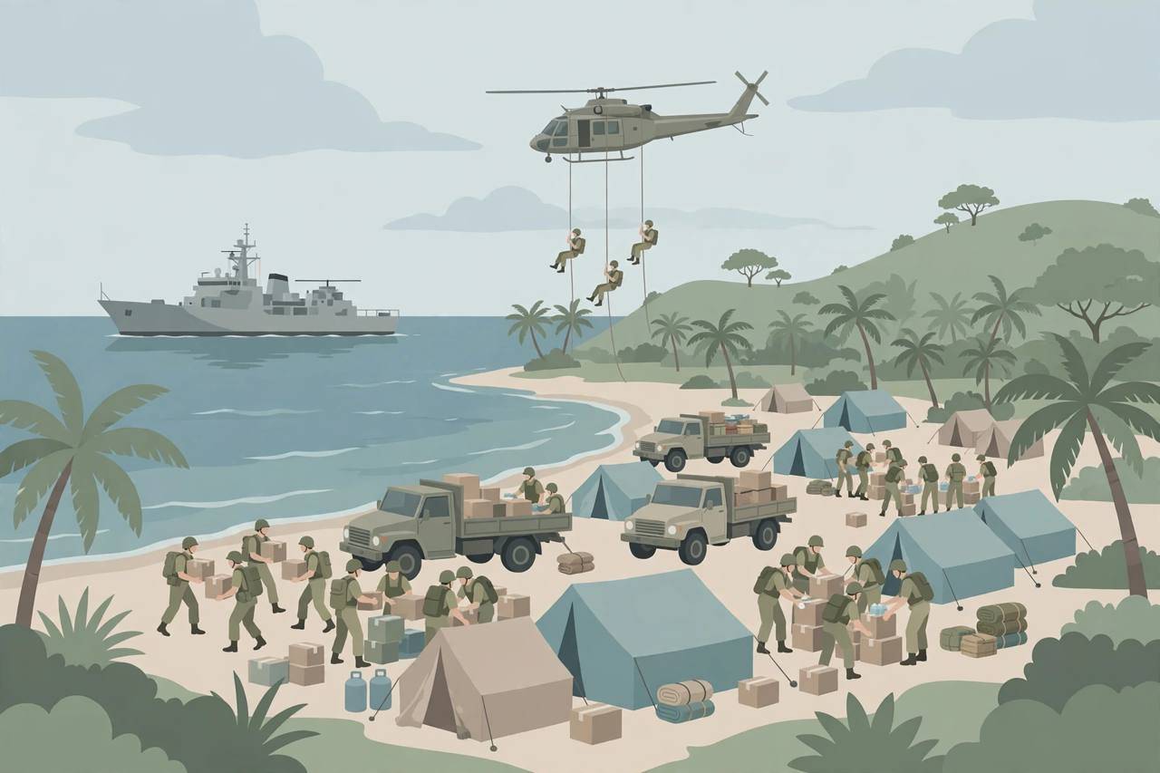 Editorial illustration of a naval ship offshore at a tropical Indian coast with a generic helicopter lowering generic soldiers toward a beach with relief tents and army trucks