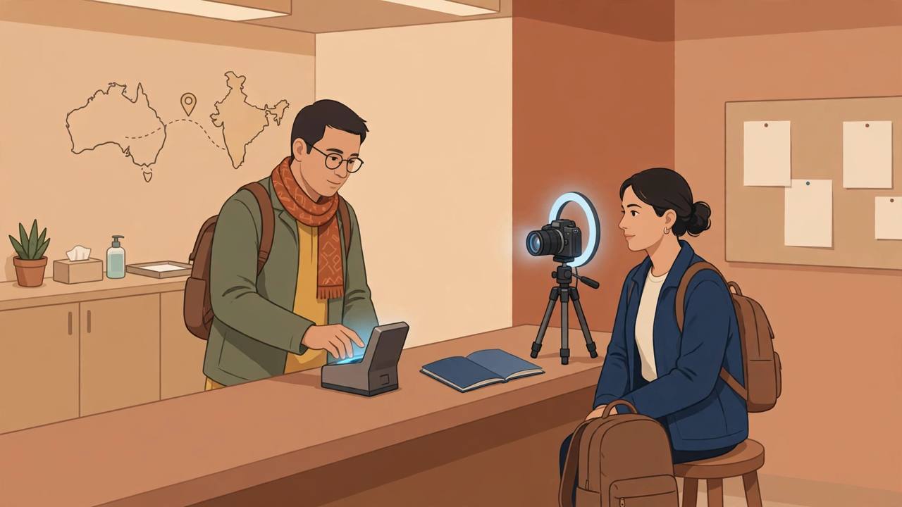 Editorial illustration of generic travellers giving fingerprints and a facial photo at a visa biometrics centre, with India and Australia maps on the wall