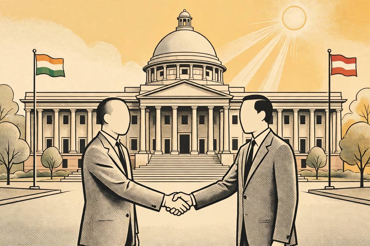 Editorial illustration of two generic diplomats shaking hands before a government building in New Delhi, with Indian and Austrian flags
