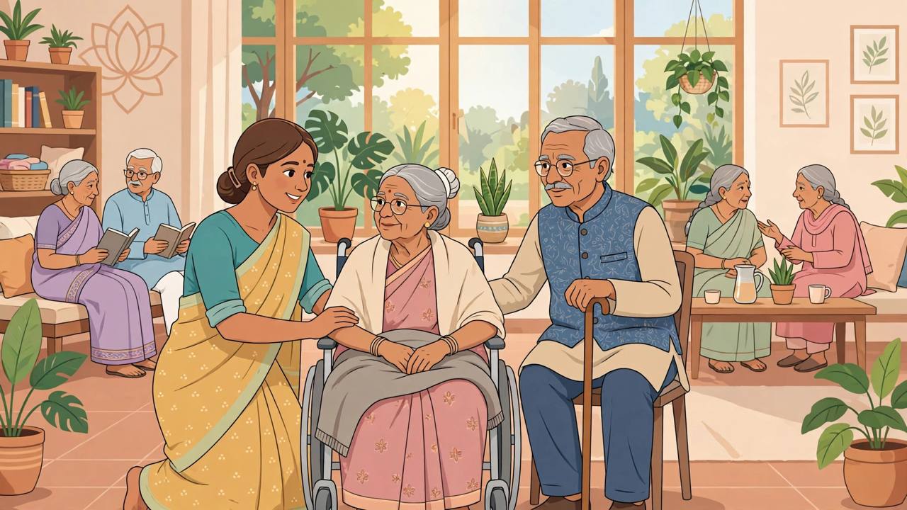 Editorial illustration of a caregiver helping an elderly couple at a senior citizens care home in India