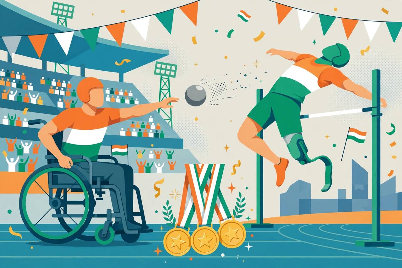 Editorial illustration of a generic seated para-athlete throwing a shot put and a generic para high-jumper clearing a bar in a stadium, in India colours with gold medals
