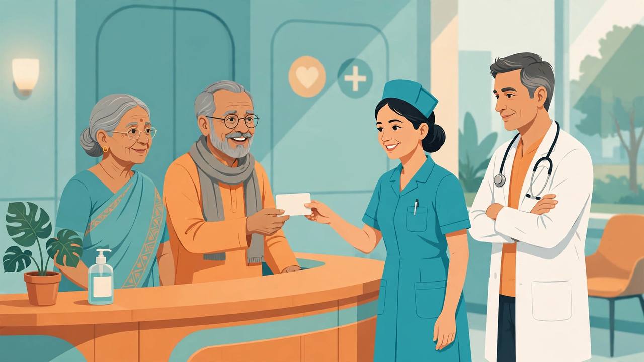 Editorial illustration of an elderly couple receiving a health coverage card from a nurse at a hospital help desk, with a doctor standing nearby