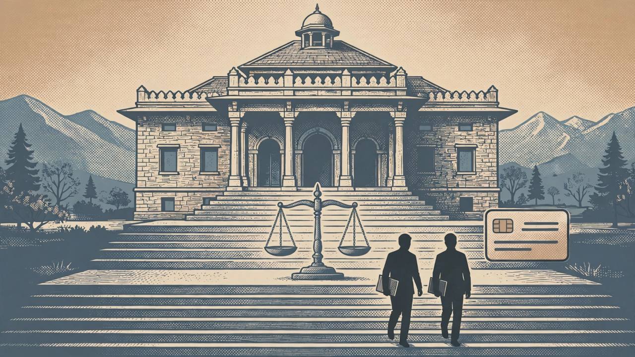 Editorial illustration of a courthouse with a justice scale and two generic figures walking down its steps, no real person's face