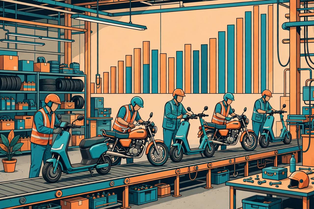 Editorial illustration of a two-wheeler factory assembly line with motorcycles and electric scooters