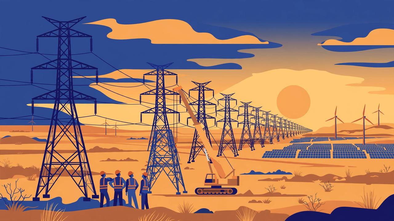 Editorial illustration of 765 kV transmission towers crossing a Gujarat landscape with wind turbines and solar panels