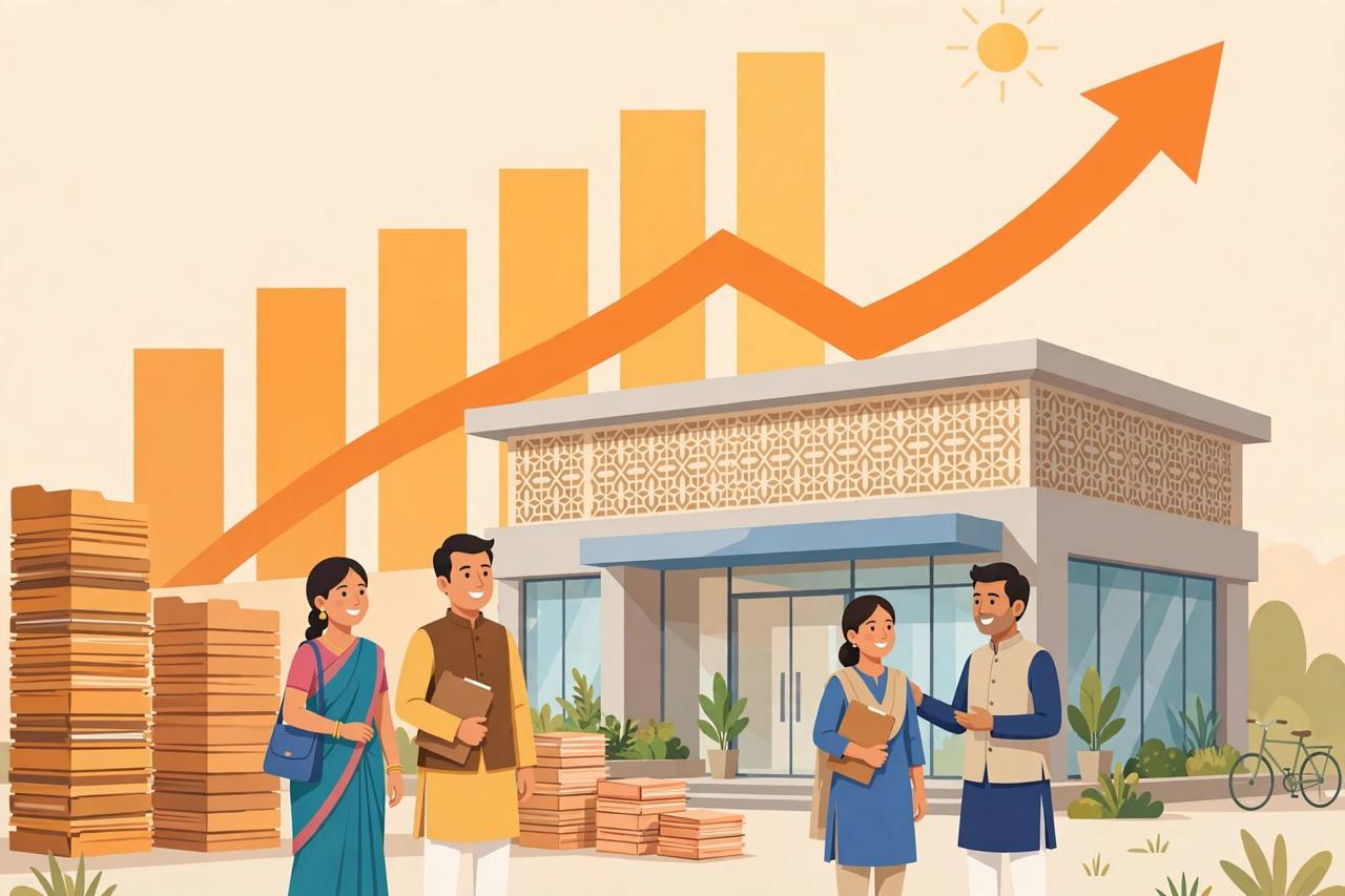 Editorial illustration of an Indian bank branch with a rising profit chart and customers