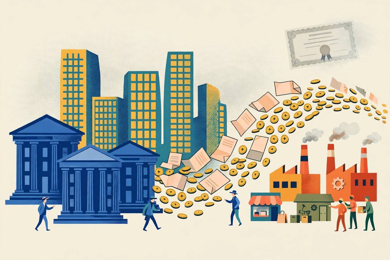 Editorial illustration of bank towers sending a flow of coins and loan documents toward factories and small businesses, with a faded bond certificate behind