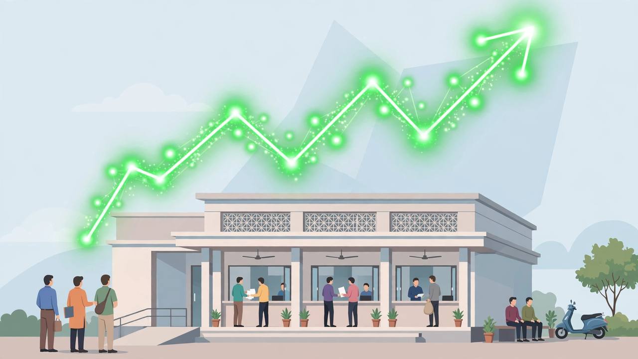 Editorial illustration of a bank branch with customers at counters and a rising green growth arrow above the building