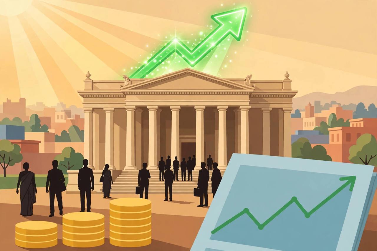 Editorial illustration of a columned public-sector bank building with a rising green arrow, gold coin stacks and a rising chart, with generic customers at the entrance