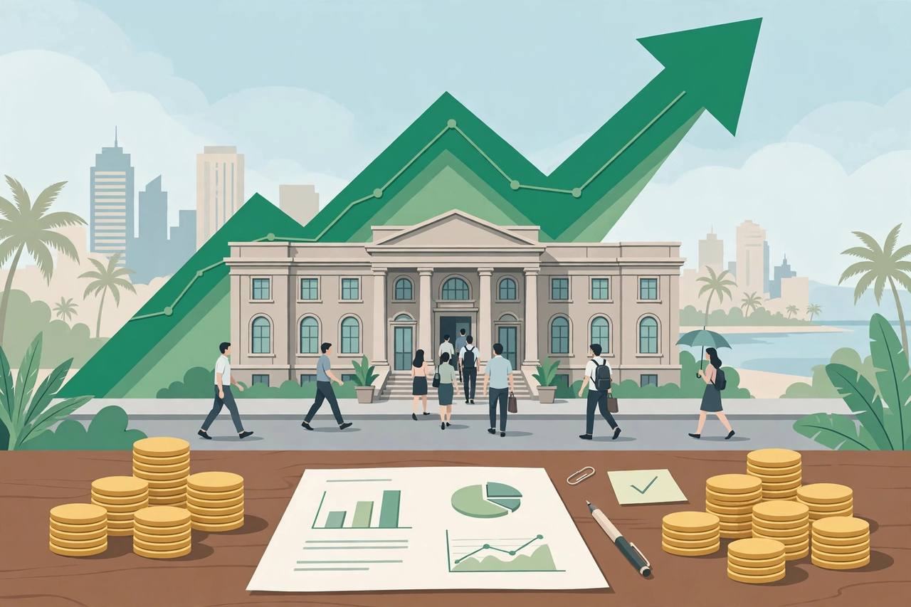 Editorial illustration of a generic bank building with customers walking in and a large rising green growth chart behind it; no real person depicted