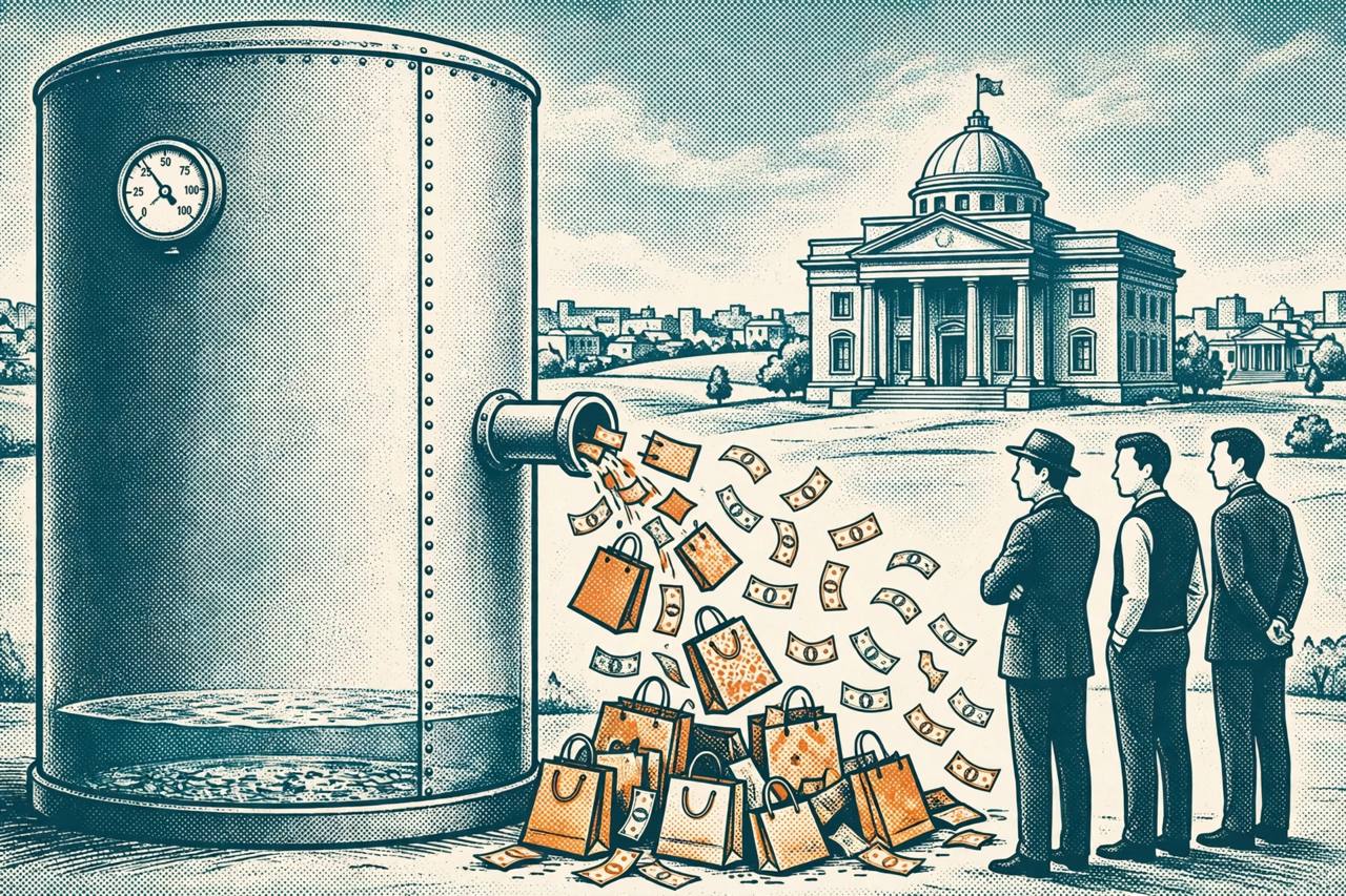 Editorial illustration of a bank liquidity tank almost empty with its gauge near zero, festive shopping and a central bank building behind