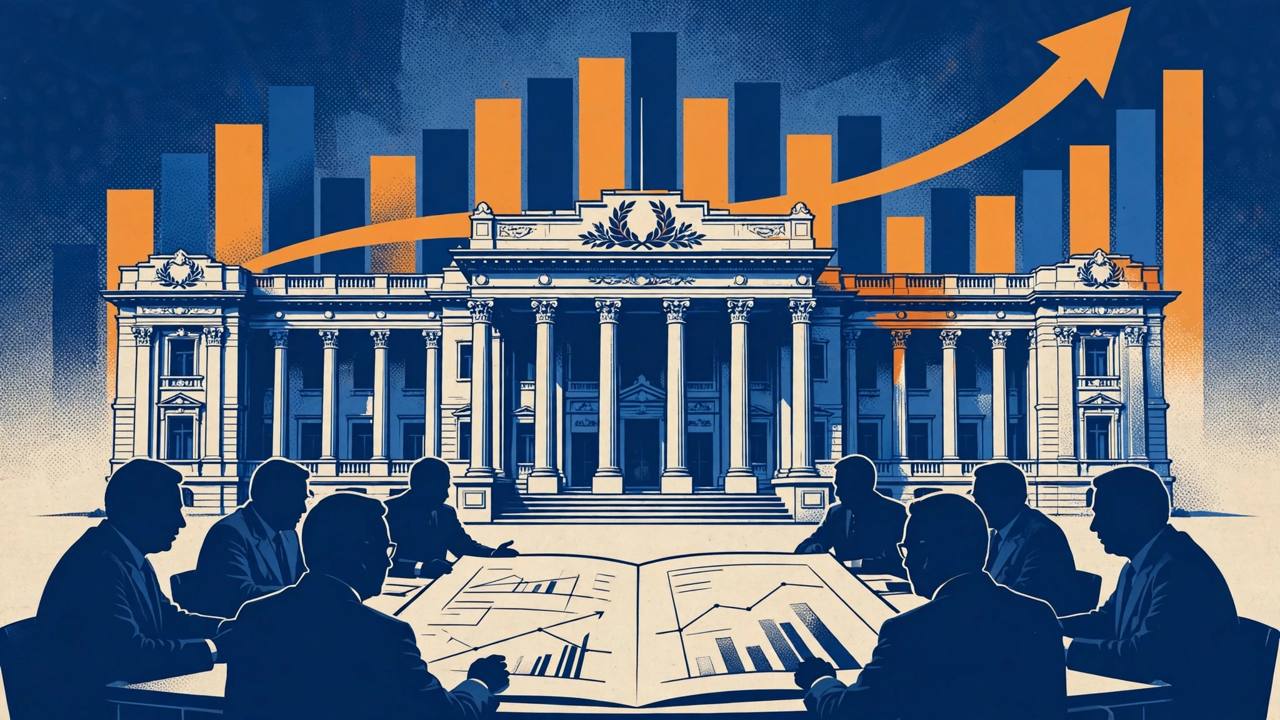 Editorial illustration of a bank headquarters with a committee table and rising charts in the foreground