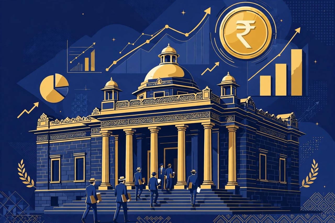 A grand bank building with columns and a large rupee coin, with officials carrying folders up the steps, in a flat editorial illustration. (Editorial illustration)
