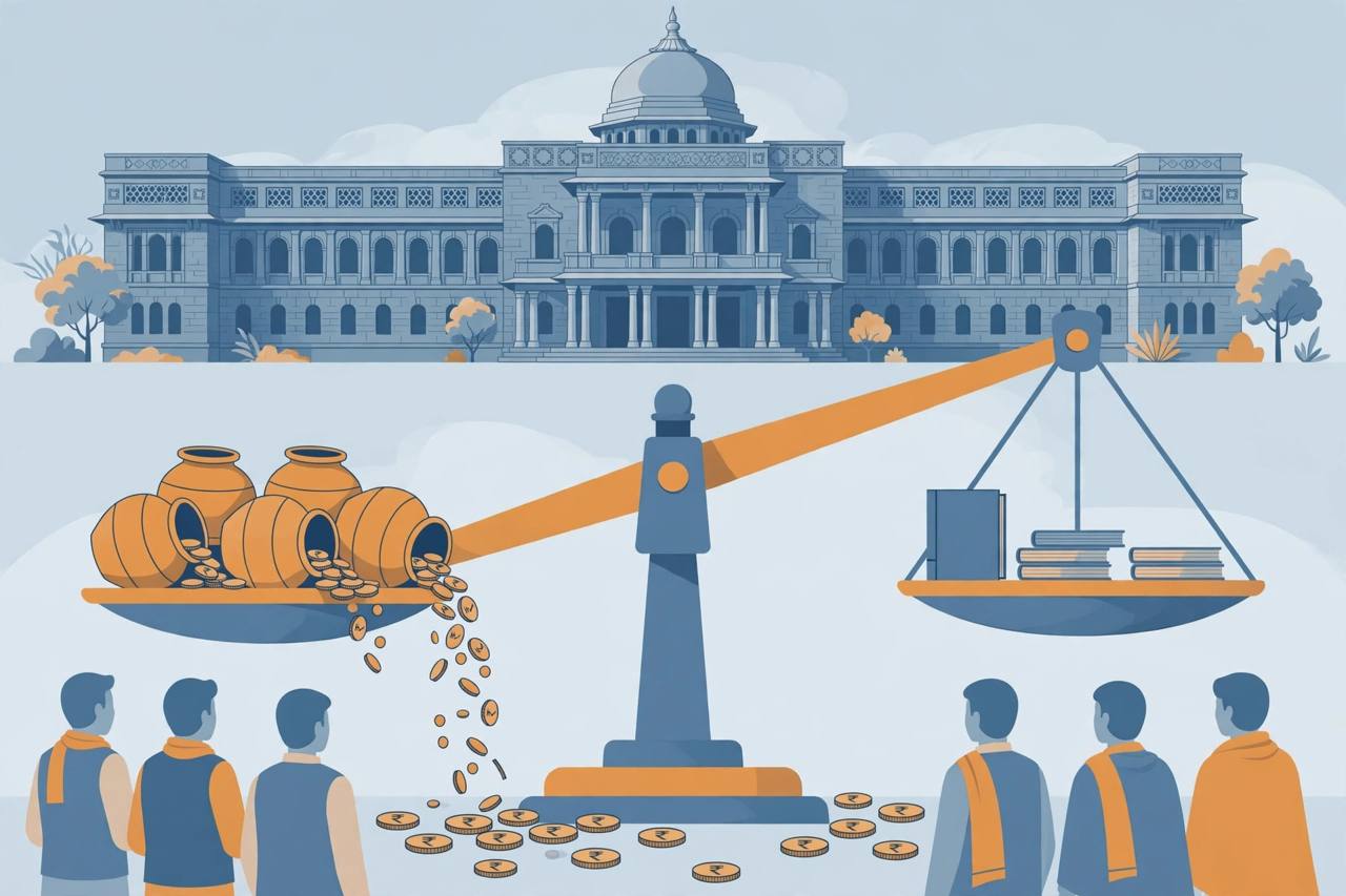 Editorial illustration of a balance scale with deposit pots spilling rupee coins on one side and loan ledgers on the other, in front of a bank building