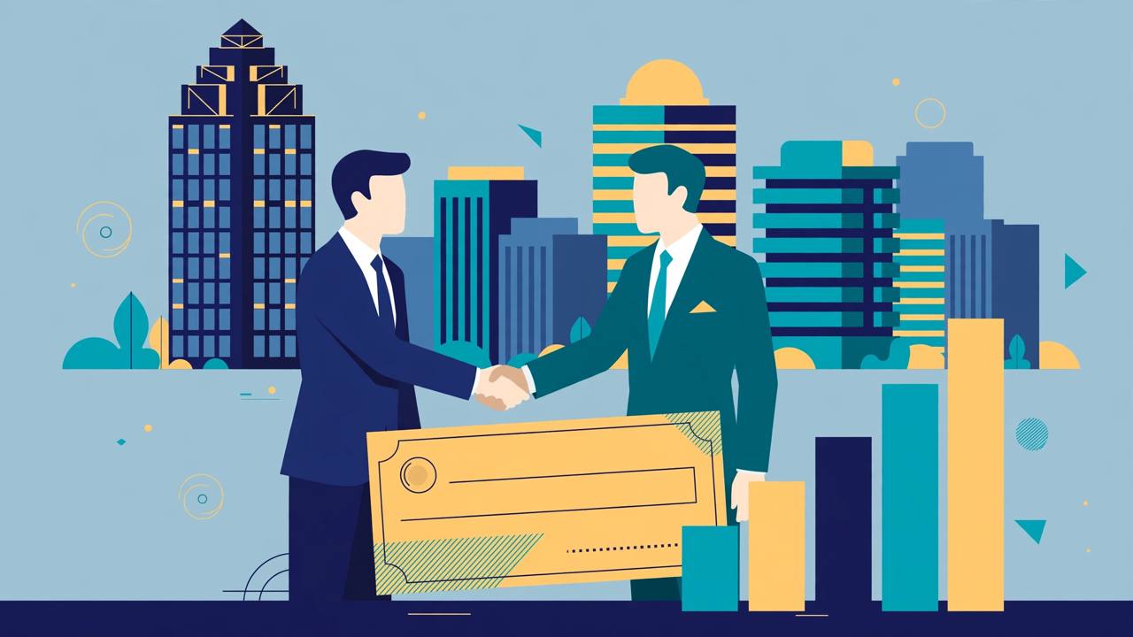 Editorial illustration of two generic business figures shaking hands over a large cheque in front of office towers and a rising bar chart - no real person's face, no logos