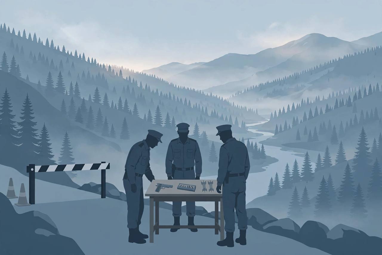 Editorial illustration of security personnel at a checkpoint in a Kashmir valley examining seized items on a table, flat style, no text, no real people