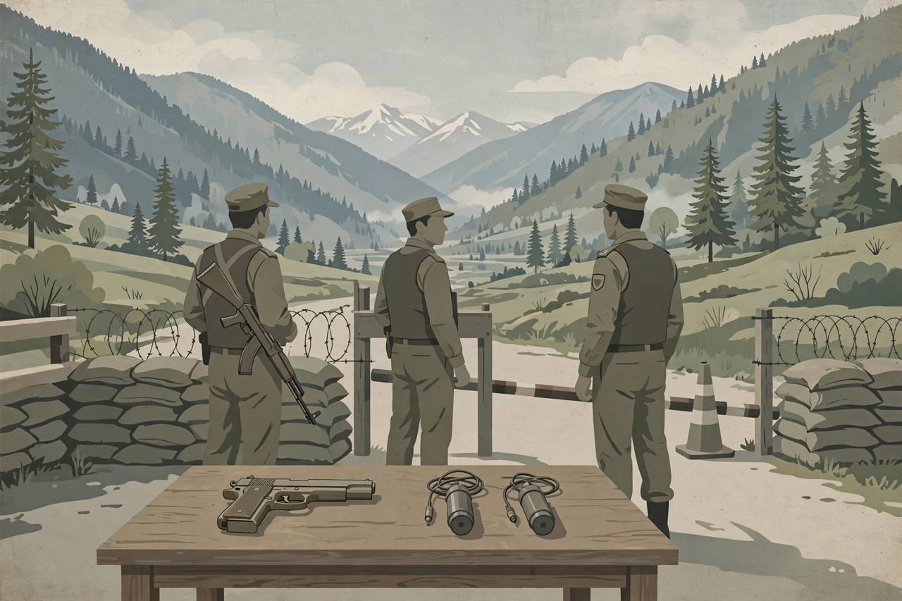 Editorial illustration of a security checkpoint in the Kashmir valley