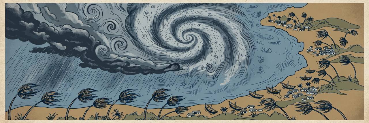 Editorial illustration of a spiral cyclone over the Bay of Bengal approaching the Andhra Pradesh and Odisha coast, with fishing boats ashore and palm trees bending in the wind