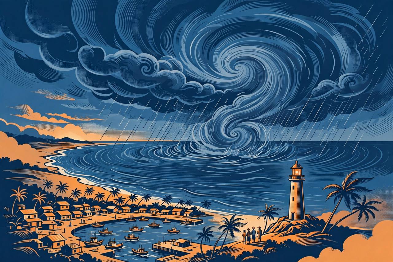 Editorial illustration of a swirling cyclonic storm over the Bay of Bengal approaching a coastal town with fishing boats and a lighthouse
