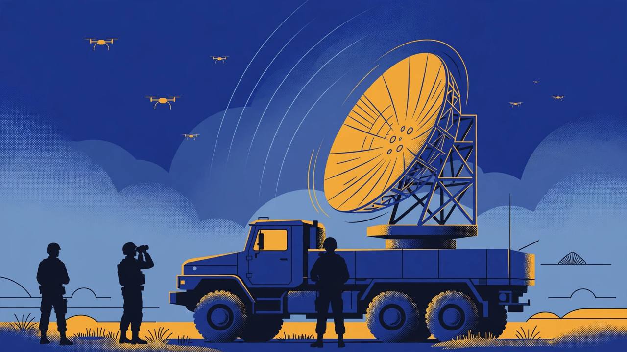 Editorial illustration of a truck-mounted air-defence radar scanning the sky, with small generic drones in the distance and generic soldier silhouettes — flat style, no text, no real person's face
