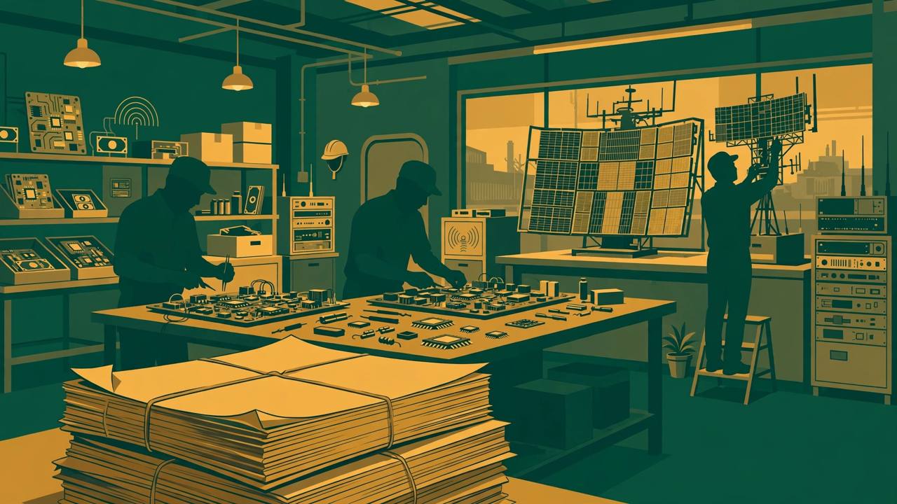 Editorial illustration of a defence electronics factory producing radar and communication systems in India