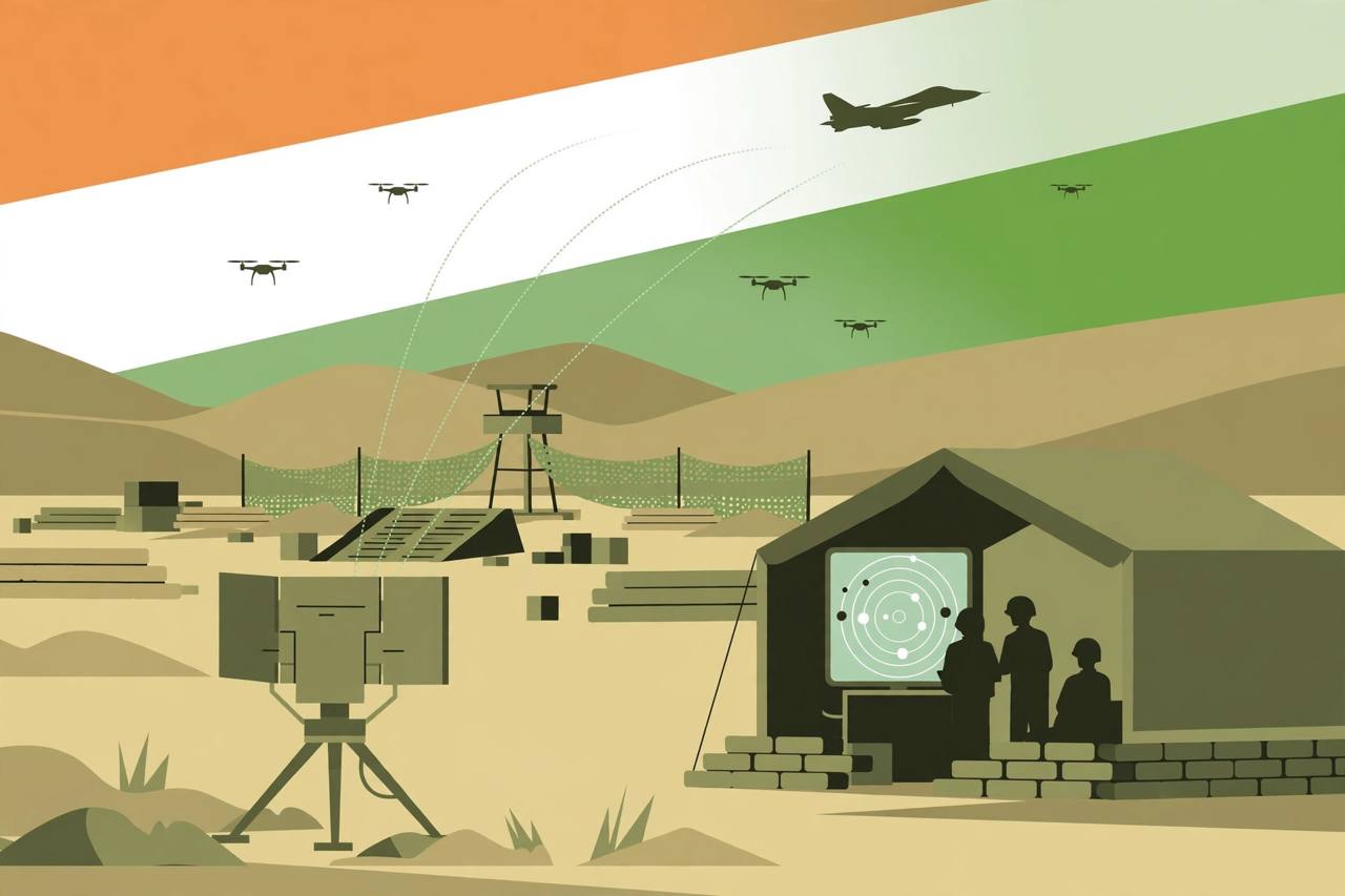 Editorial illustration of a lightweight Army radar tracking small drones and a fighter aircraft, with generic soldiers watching a radar screen