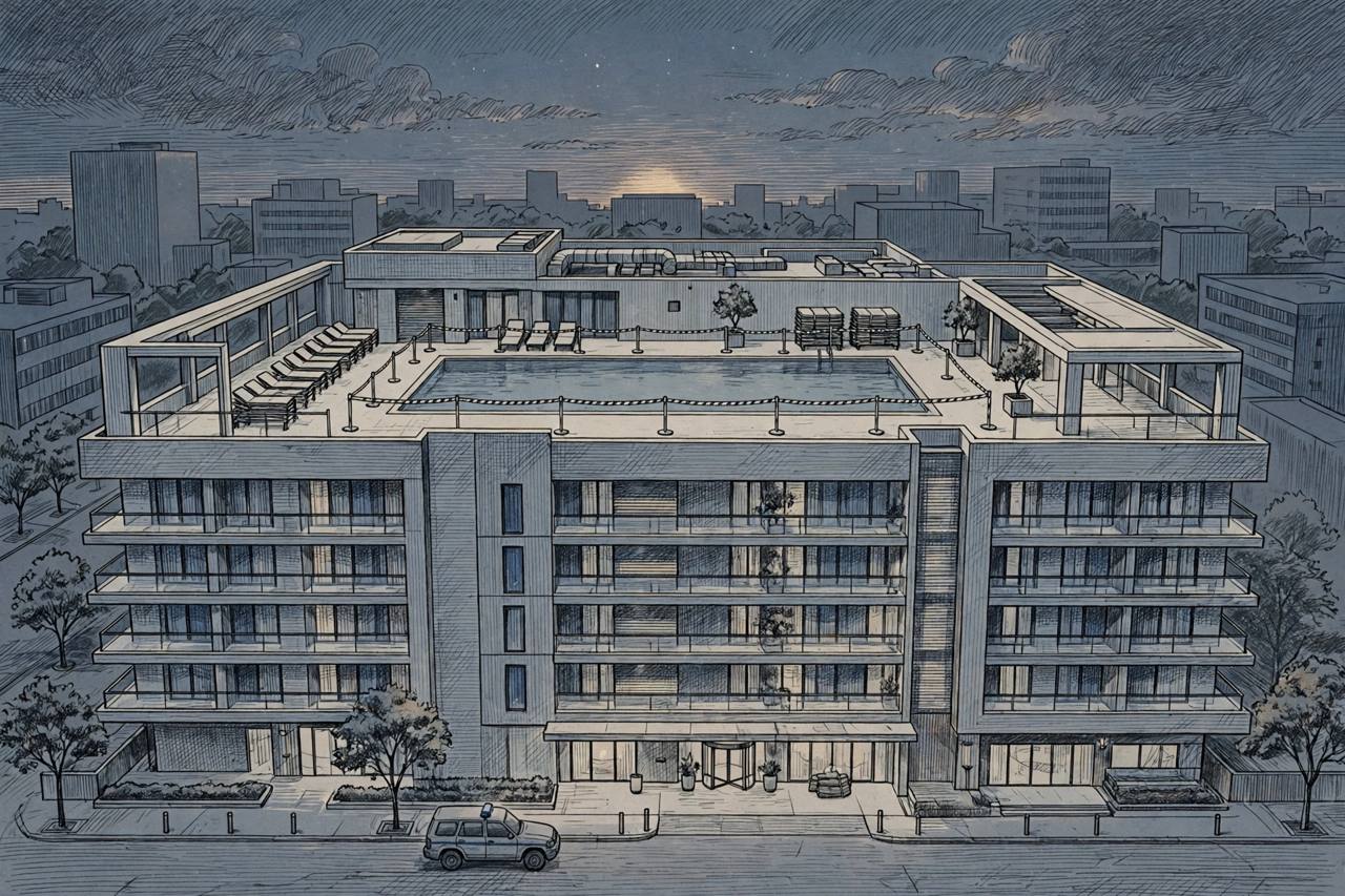 A luxury hotel building in Bengaluru at dusk with a closed, empty pool area, in a respectful editorial illustration. (Editorial illustration)