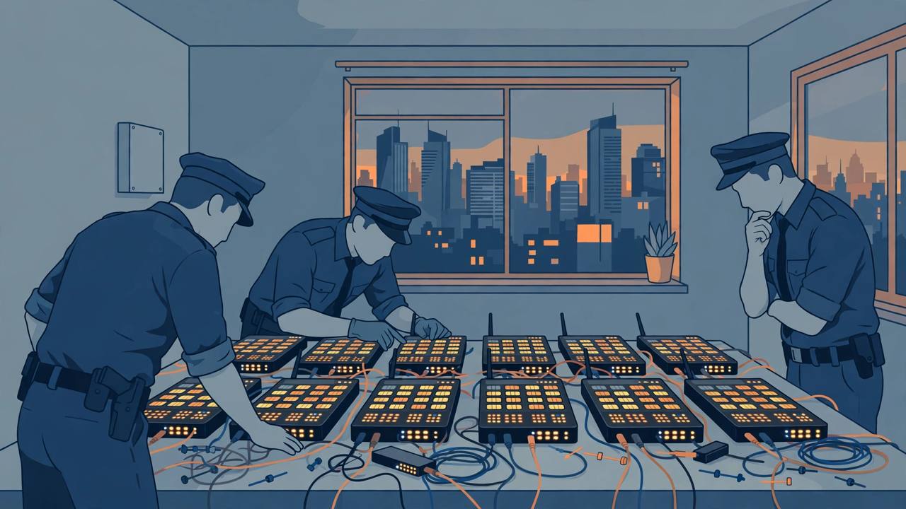 Editorial illustration of cyber police examining rows of SIM box devices on a table in an apartment, city skyline in the window