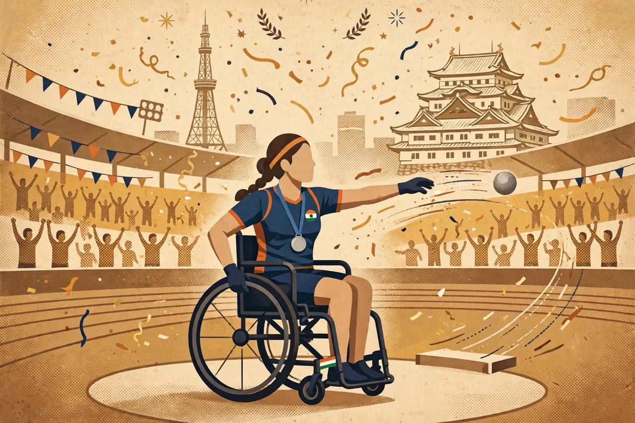Editorial illustration of a generic Indian woman para-athlete throwing the shot put at the Asian Para Games in Nagoya