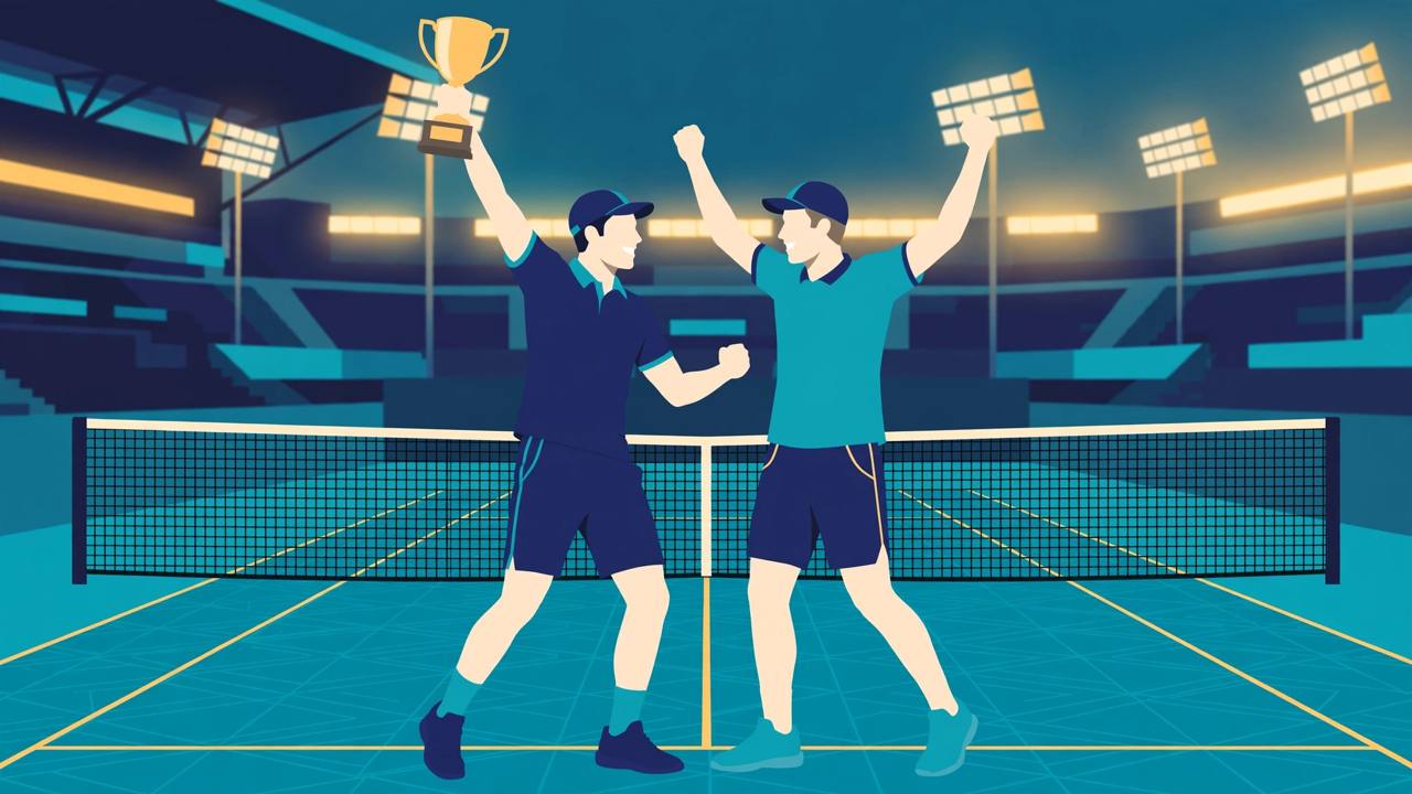 Editorial illustration of two generic tennis doubles players celebrating with a trophy on a hard court under stadium lights