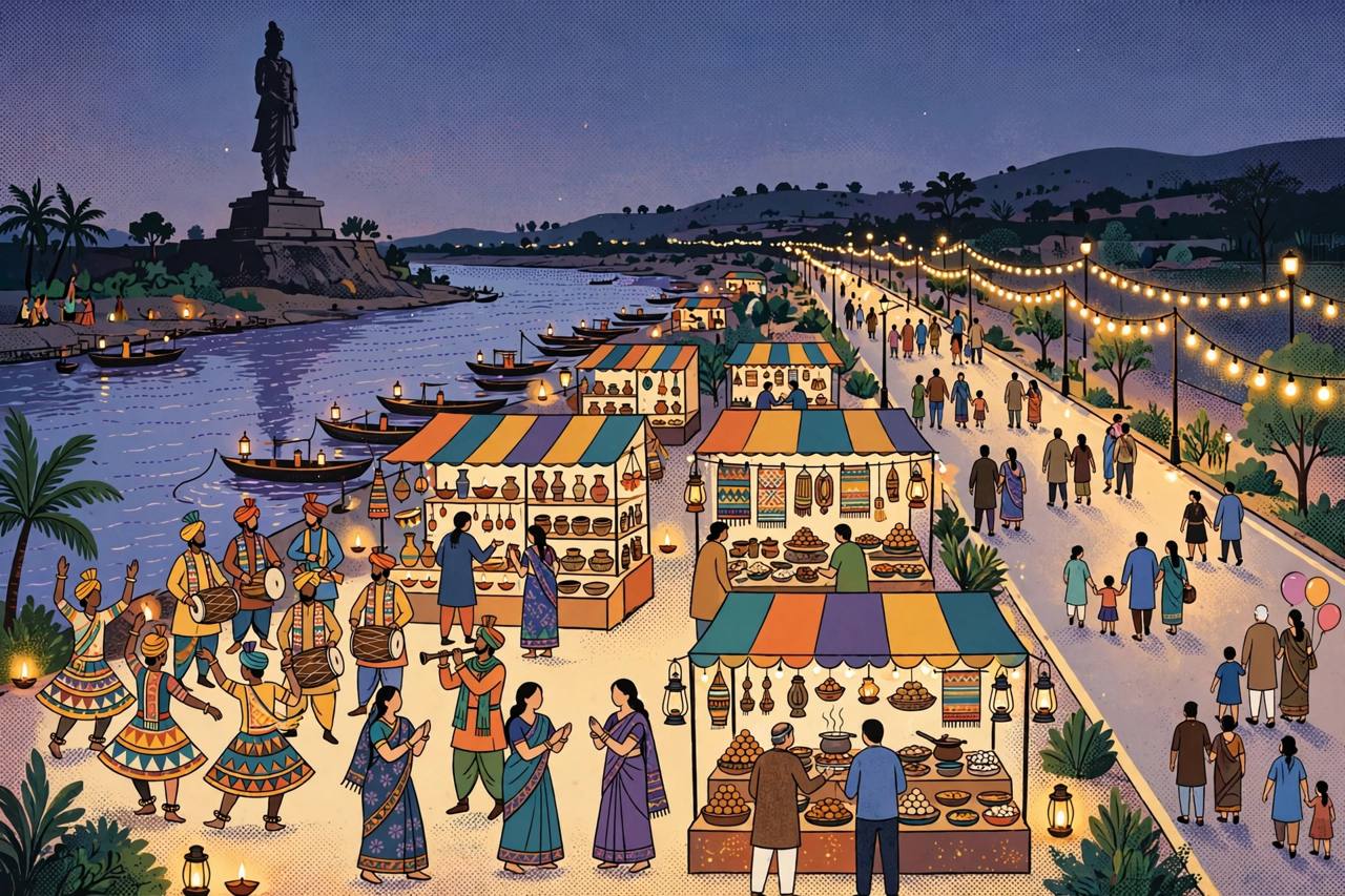 Editorial illustration of a colourful Indian cultural festival at dusk in front of a tall statue silhouette on a riverbank, with dancers, stalls and strings of lights